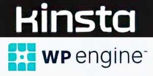 Kinsta and WP Engine managed WordPress hosting company logos with white Kinsta text and teal WP Engine grid symbol