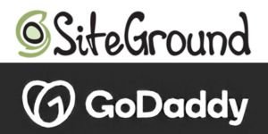 SiteGround and GoDaddy web hosting company logos with green SiteGround spiral and white GoDaddy heart symbol