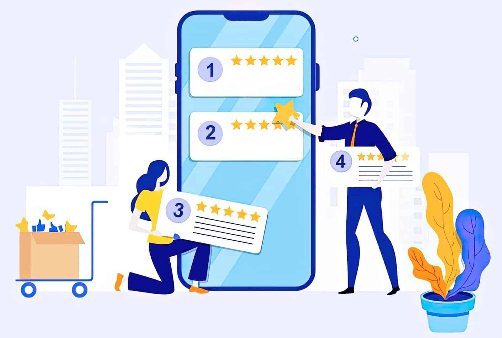 Illustration of people giving star ratings on mobile phone showing numbered hosting reviews with 5-star ratings 2x