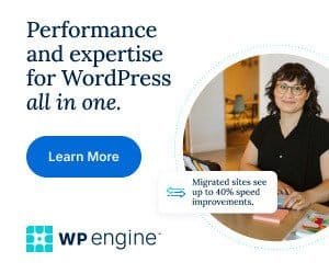 WP Engine hosting banner featuring woman at desk promoting WordPress performance and expertise with learn more button